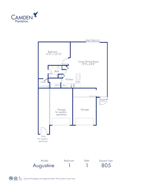 Blueprint of Augustine Floor Plan, 1 Bedroom and 1 Bathroom at Camden Plantation Apartments in Plantation, FL