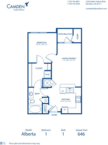 Blueprint of Alberta Floor Plan, 1 Bedroom and 1 Bathroom at Camden Dulles Station Apartments in Herndon, VA