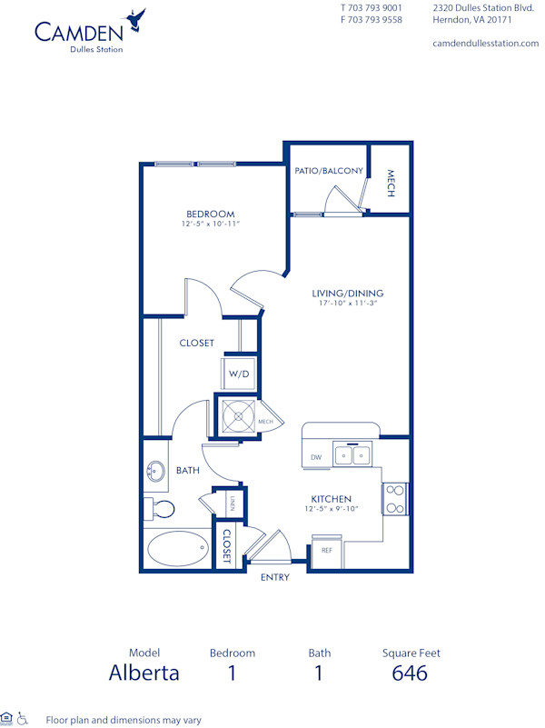 Blueprint of Alberta Floor Plan, 1 Bedroom and 1 Bathroom at Camden Dulles Station Apartments in Herndon, VA