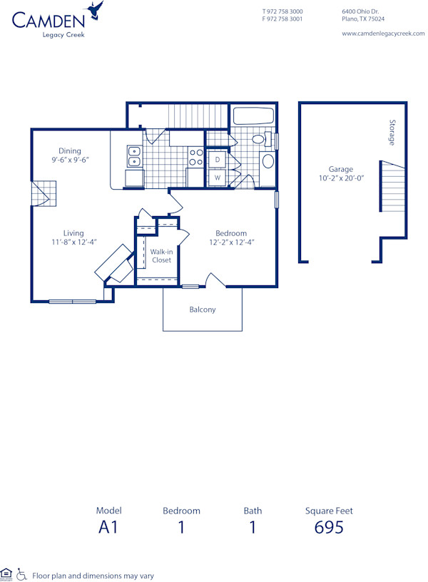 Blueprint of A1 Floor Plan, 1 Bedroom and 1 Bathroom at Camden Legacy Creek Apartments in Plano, TX