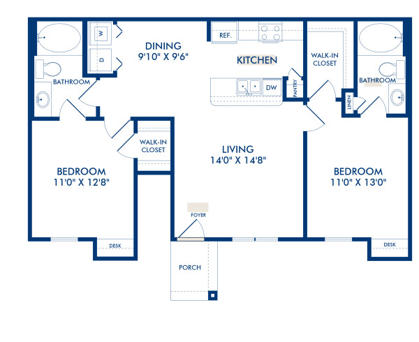Blueprint of Hopkins Floor Plan, 2 Bedrooms and 2 Bathrooms at Camden Shadow Brook Apartments in Austin, TX