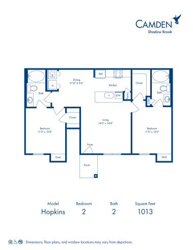 Blueprint of Hopkins Floor Plan, 2 Bedrooms and 2 Bathrooms at Camden Shadow Brook Apartments in Austin, TX