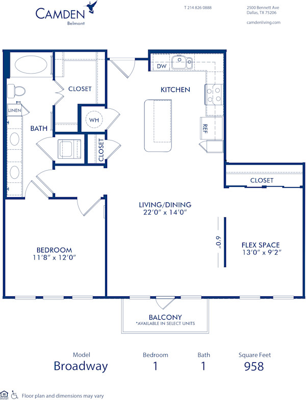 Blueprint of Broadway 1 Floor Plan, 1 Bedroom and 1 Bathroom at Camden Belmont Apartments in Dallas, TX