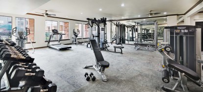 24 hour fitness center with cardio equipment and free weights at Camden Heights Apartments in Houston, TX
