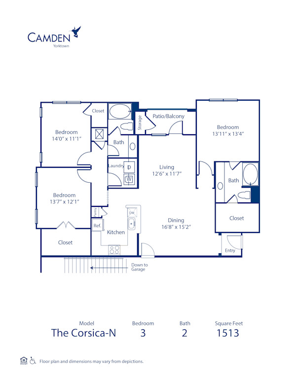 Blueprint of Corsica N Floor Plan, 3 Bedrooms and 2 Bathrooms at Camden Yorktown Apartments in Houston, TX