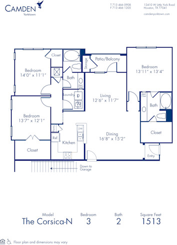 Blueprint of Corsica N Floor Plan, 3 Bedrooms and 2 Bathrooms at Camden Yorktown Apartments in Houston, TX