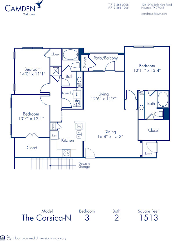 Blueprint of Corsica N Floor Plan, 3 Bedrooms and 2 Bathrooms at Camden Yorktown Apartments in Houston, TX