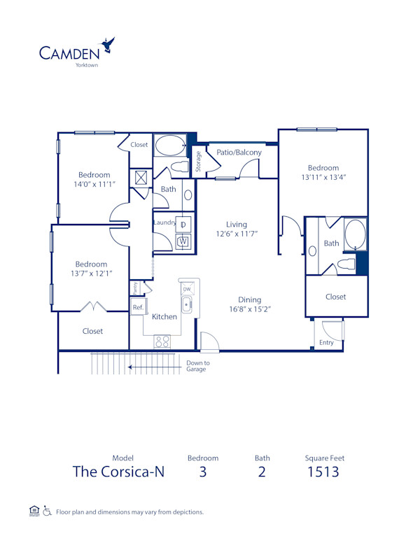 Blueprint of Corsica N Floor Plan, 3 Bedrooms and 2 Bathrooms at Camden Yorktown Apartments in Houston, TX