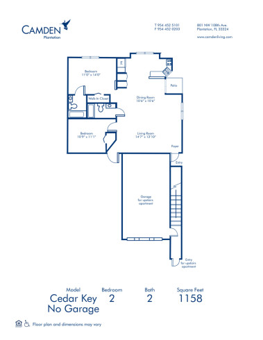 Blueprint of Cedar Key - No Garage Floor Plan, 2 Bedrooms and 2 Bathrooms at Camden Plantation Apartments in Plantation, FL