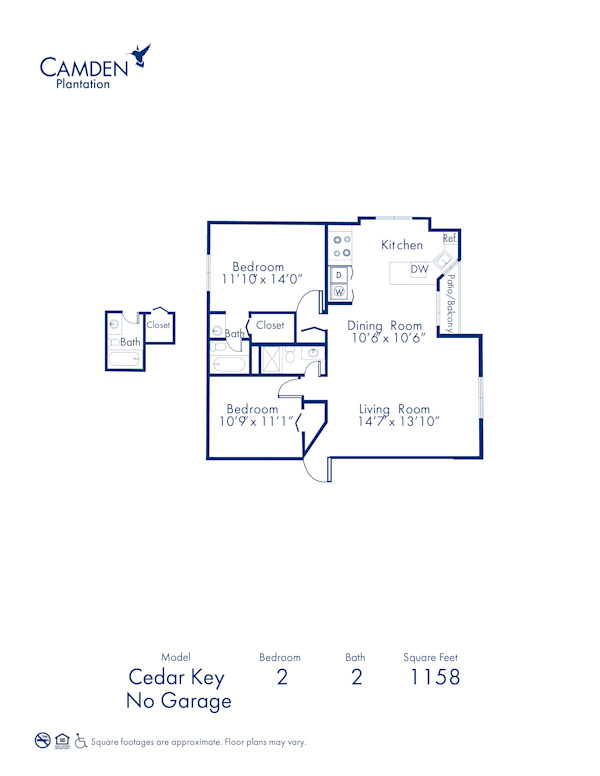 Blueprint of Cedar Key - No Garage Floor Plan, 2 Bedrooms and 2 Bathrooms at Camden Plantation Apartments in Plantation, FL