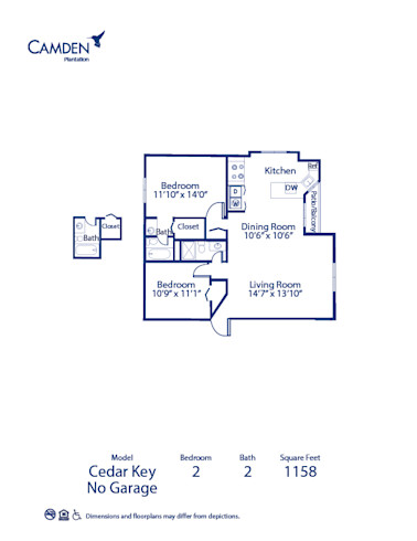 Blueprint of Cedar Key - No Garage Floor Plan, 2 Bedrooms and 2 Bathrooms at Camden Plantation Apartments in Plantation, FL