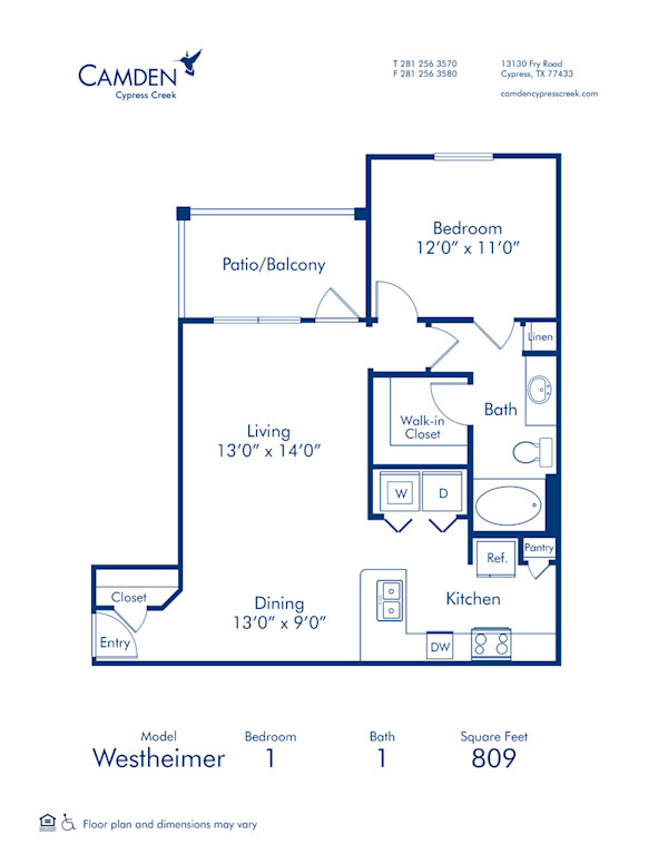 Blueprint of Westheimer - G Floor Plan, 1 Bedroom and 1 Bathroom at Camden Cypress Creek Apartments in Cypress, TX