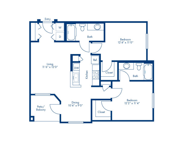 Blueprint of H Floor Plan, 2 Bedrooms and 2 Bathrooms at Camden Copper Square Apartments in Phoenix, AZ