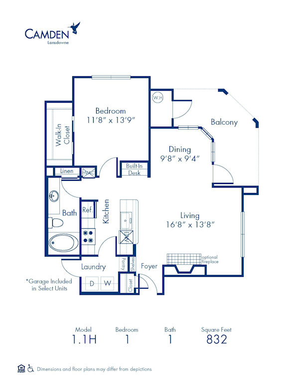 Blueprint of 1.1H Floor Plan, 1 Bedroom and 1 Bathroom at Camden Lansdowne Apartments in Lansdowne, VA
