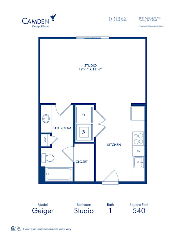 Blueprint of Geiger Floor Plan, Studio Apartment Home with 1 Bathroom at Camden Design District in Dallas, TX