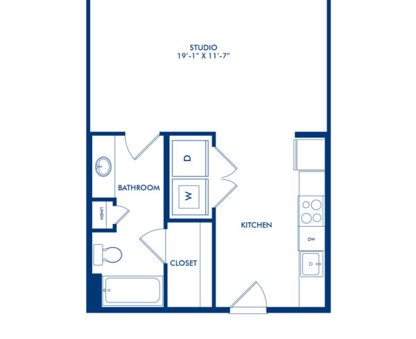 Blueprint of Geiger Floor Plan, Studio Apartment Home with 1 Bathroom at Camden Design District in Dallas, TX