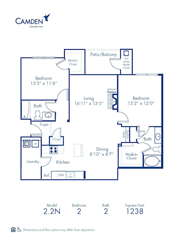Blueprint of 2.2N Floor Plan, 2 Bedrooms and 2 Bathrooms at Camden Lansdowne Apartments in Lansdowne, VA