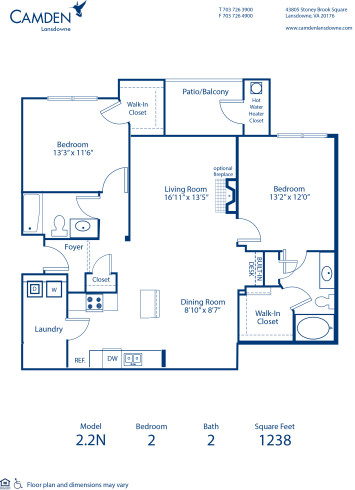 Blueprint of 2.2N Floor Plan, 2 Bedrooms and 2 Bathrooms at Camden Lansdowne Apartments in Lansdowne, VA