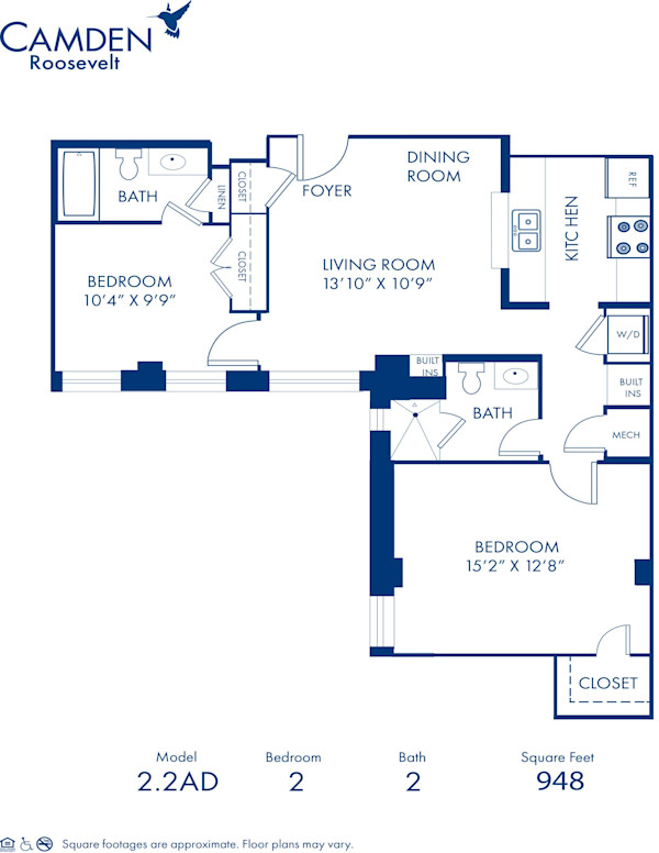 Blueprint of 2.2AD Floor Plan, 2 Bedrooms and 2 Bathrooms at Camden Roosevelt Apartments in Washington, DC