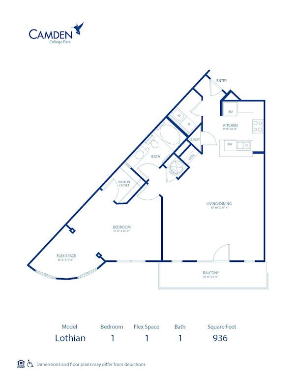 Blueprint of Lothian Floor Plan, 1 Bedroom and 1 Bathroom at Camden College Park Apartments in College Park, MD