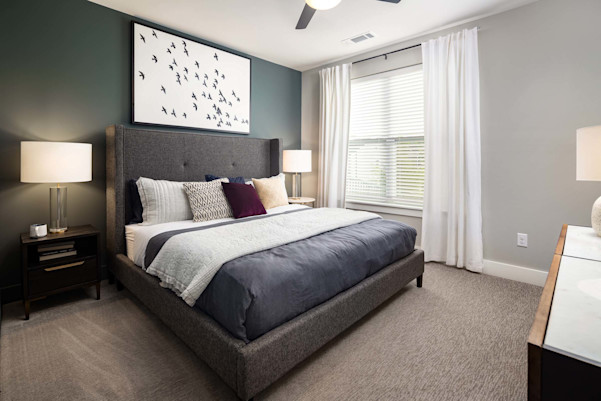 Bedroom with carpet and ceiling fan at Camden West Nashville apartments in Nashville, TN