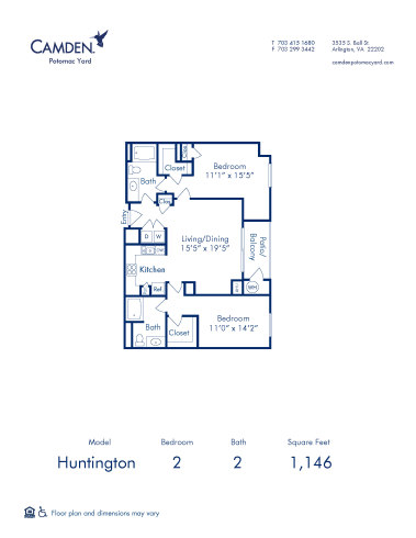 Blueprint of Huntington Floor Plan, 2 Bedrooms and 2 Bathrooms at Camden Potomac Yard Apartments in Arlington, VA