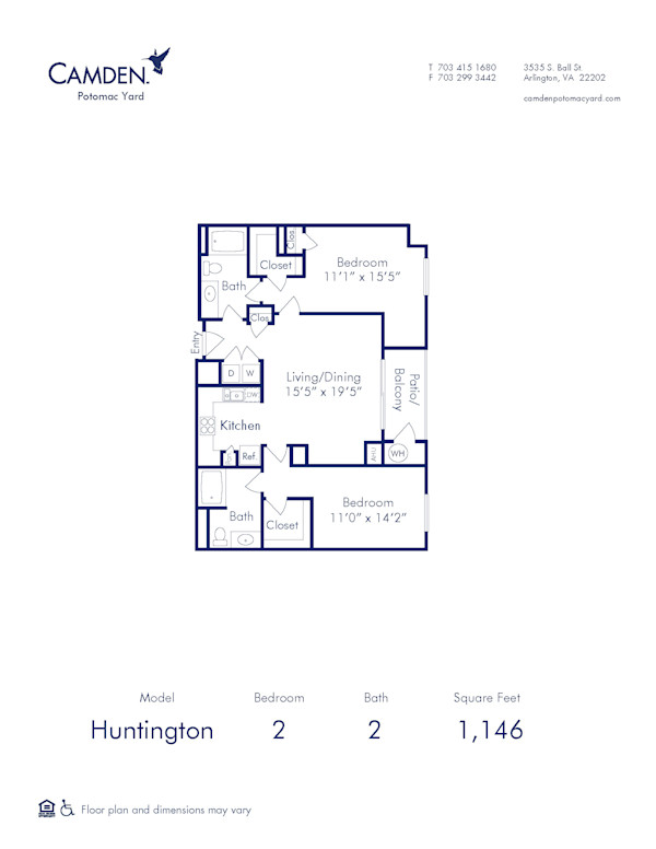 Blueprint of Huntington Floor Plan, 2 Bedrooms and 2 Bathrooms at Camden Potomac Yard Apartments in Arlington, VA