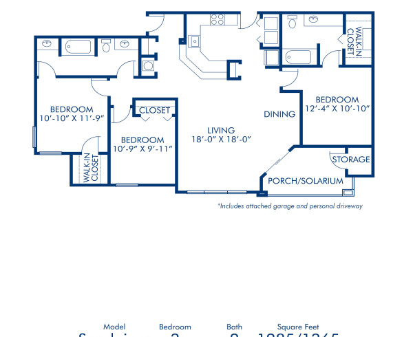 Blueprint of Sandpiper (Solarium) Floor Plan, 3 Bedrooms and 2 Bathrooms at Camden Bay Apartments in Tampa, FL