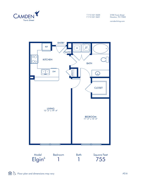Blueprint of Elgin 6 Floor Plan, 1 Bedroom and 1 Bathroom at Camden Travis Street Apartments in Houston, TX