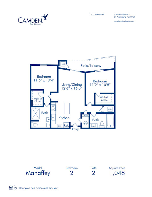 Blueprint of Mahaffey floor plan, two bedroom two bathroom apartment at Camden Pier District Apartments in St. Petersburg, FL