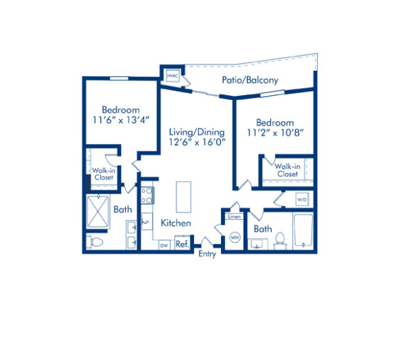 Blueprint of Mahaffey floor plan, two bedroom two bathroom apartment at Camden Pier District Apartments in St. Petersburg, FL