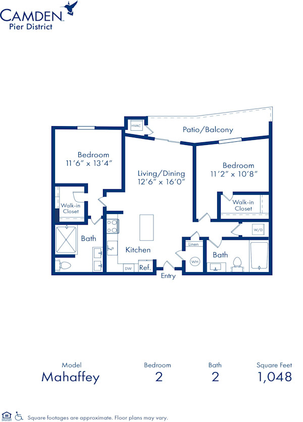 Blueprint of Mahaffey floor plan, two bedroom two bathroom apartment at Camden Pier District Apartments in St. Petersburg, FL