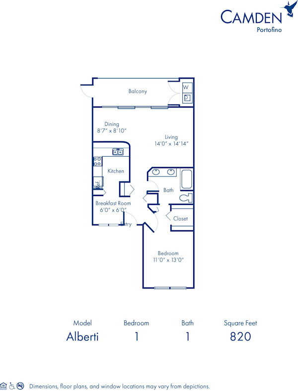 Blueprint of Alberti Floor Plan, 1 Bedroom and 1 Bathroom at Camden Portofino Apartments in Pembroke Pines, FL