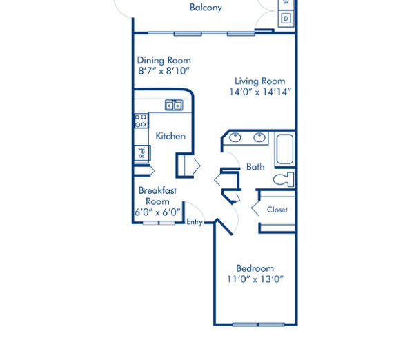 Blueprint of Alberti Floor Plan, 1 Bedroom and 1 Bathroom at Camden Portofino Apartments in Pembroke Pines, FL