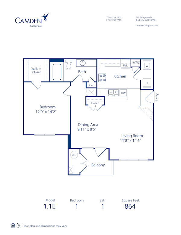 Blueprint of 1.1E Floor Plan, Apartment Home with 1 Bedroom and 1 Bathroom at Camden Fallsgrove in Rockville, MD