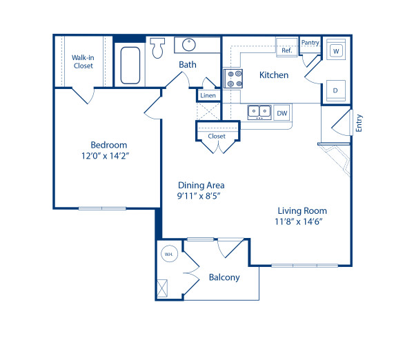 Blueprint of 1.1E Floor Plan, Apartment Home with 1 Bedroom and 1 Bathroom at Camden Fallsgrove in Rockville, MD