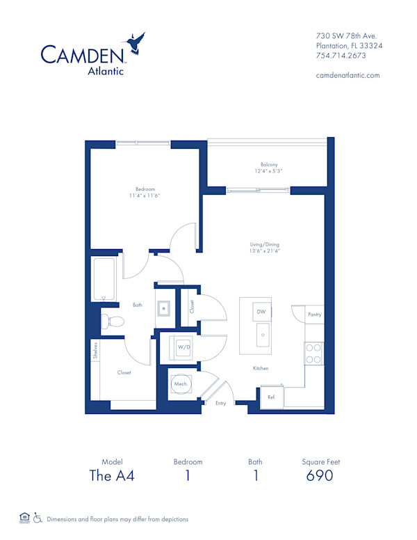 The A4 floor plan, 1 bed, 1 bath apartment home at Camden Atlantic in Plantation, FL