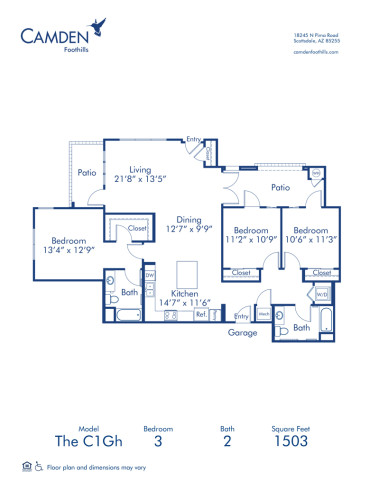 Blueprint of The C1Gh Floor Plan, 3 Bedrooms and 2 Bathrooms at Camden Foothills Apartments in Scottsdale, AZ