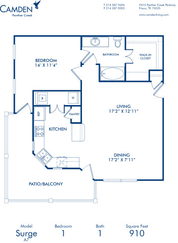 Blueprint of Surge Floor Plan, 1 Bedroom and 1 Bathroom at Camden Panther Creek Apartments in Frisco, TX