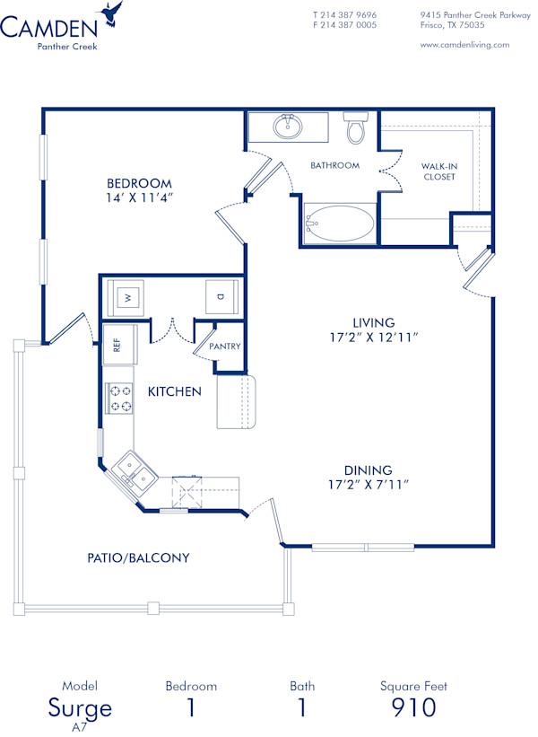 Blueprint of Surge Floor Plan, 1 Bedroom and 1 Bathroom at Camden Panther Creek Apartments in Frisco, TX