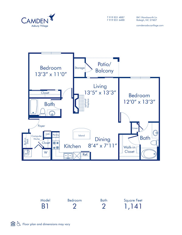 Blueprint of B1 Floor Plan, 2 Bedrooms and 2 Bathrooms at Camden Asbury Village Apartments in Raleigh, NC