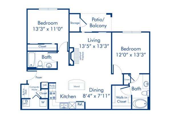 Blueprint of B1 Floor Plan, 2 Bedrooms and 2 Bathrooms at Camden Asbury Village Apartments in Raleigh, NC