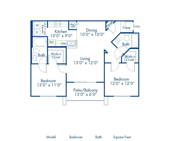 Blueprint of Cabada Floor Plan, 2 Bedrooms and 2 Bathrooms at Camden Royal Palms Apartments in Brandon, FL