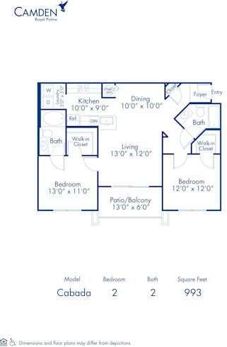 Blueprint of Cabada Floor Plan, 2 Bedrooms and 2 Bathrooms at Camden Royal Palms Apartments in Brandon, FL