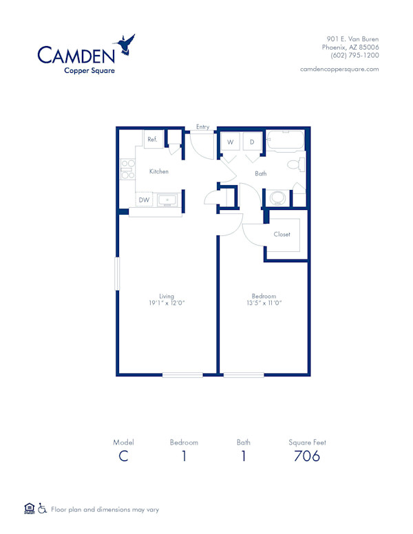 Blueprint of C Floor Plan, 1 Bedroom and 1 Bathroom at Camden Copper Square Apartments in Phoenix, AZ