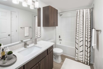 Bathroom with gray quartz countertops at Camden Vanderbilt in Houston, Texas