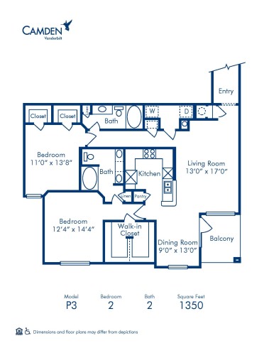 Blueprint of P3 Floor Plan, 2 Bedrooms and 2 Bathrooms at Camden Vanderbilt Apartments in Houston, TX