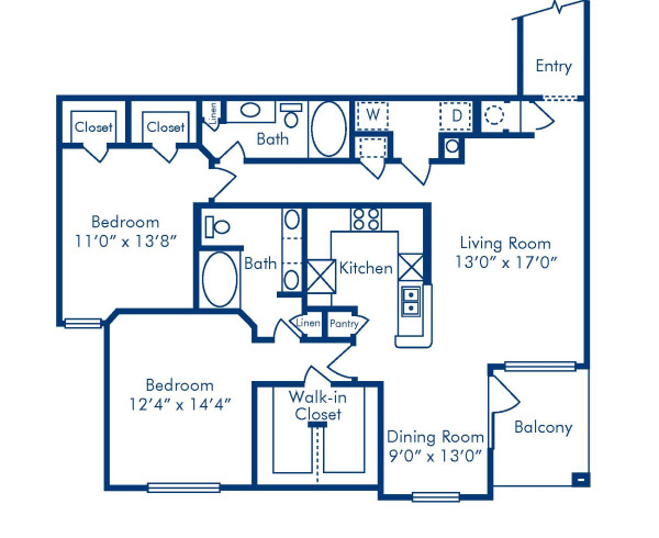 Blueprint of P3 Floor Plan, 2 Bedrooms and 2 Bathrooms at Camden Vanderbilt Apartments in Houston, TX