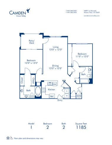 Blueprint of I Floor Plan, 2 Bedrooms and 2 Bathrooms at Camden Crown Valley Apartments in Mission Viejo, CA
