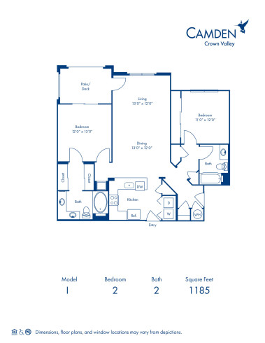 Blueprint of I Floor Plan, 2 Bedrooms and 2 Bathrooms at Camden Crown Valley Apartments in Mission Viejo, CA